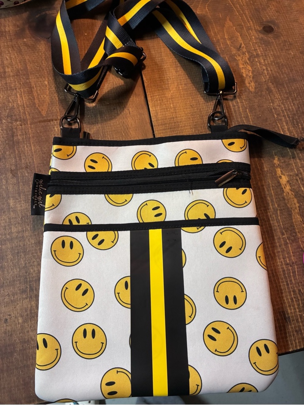 Smiley Pattern White Crossbody Bag with Black and Yellow Stripe